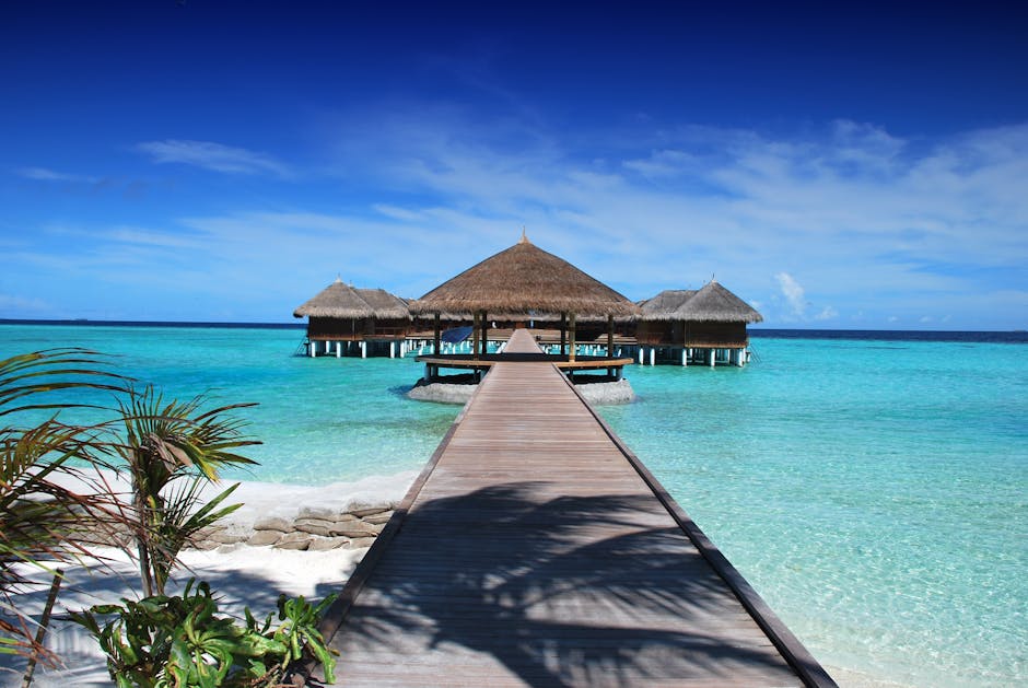 Scenic view of a wooden boardwalk leading to serene overwater bungalows